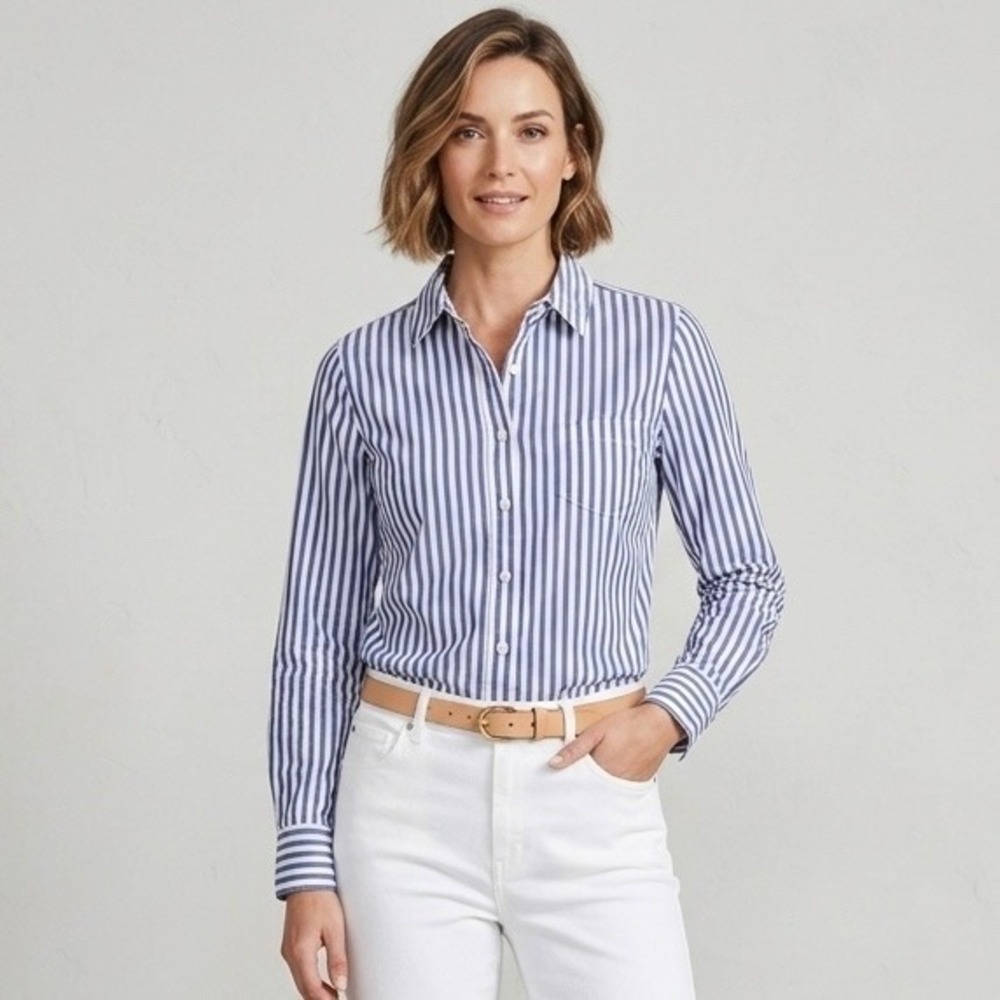Boden Womens Blue White Striped Cotton Button Down Shirt Petite 6P WA491‎